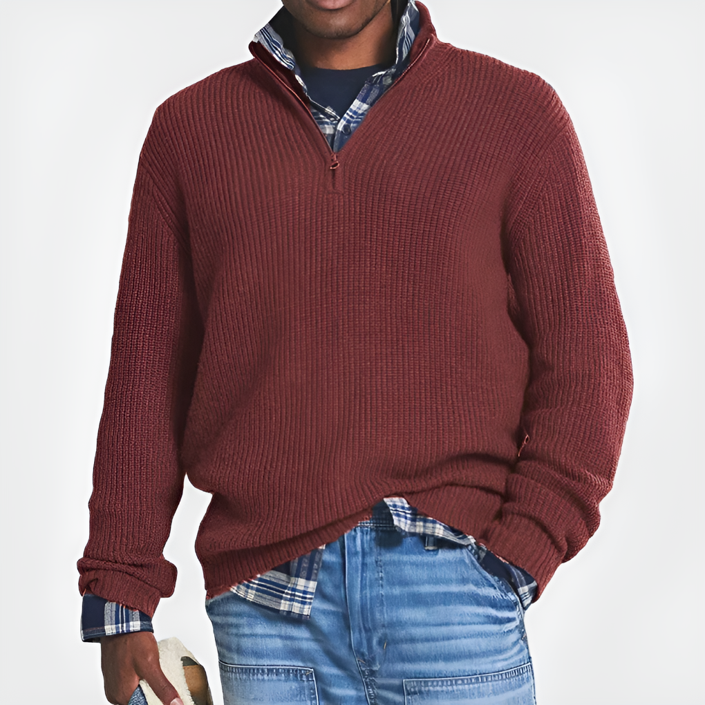 Men's Half-Zip Knit Sweater Ribbed Chunky Stand Collar Quarter-Zip