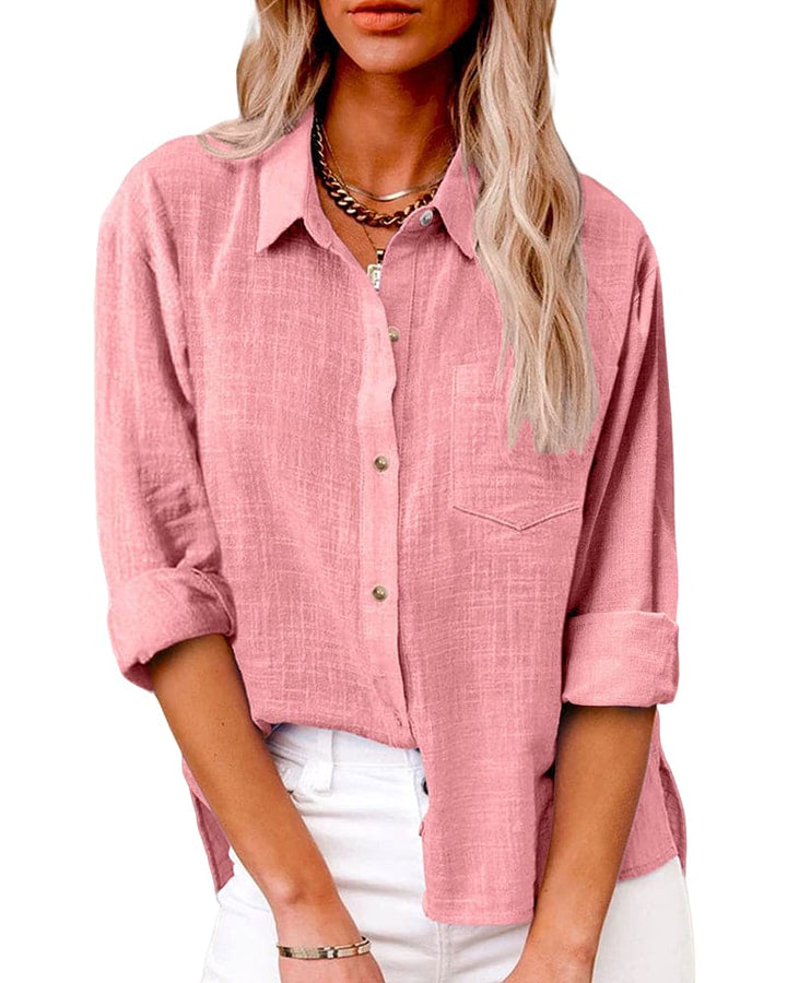 Women's Linen Button-Up Shirt Collared Long-Sleeve Chest-Pocket Relaxed