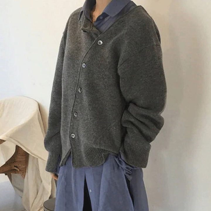 Women's Oversized Asymmetric Button Knit Cardigan Drop Shoulder Sweater