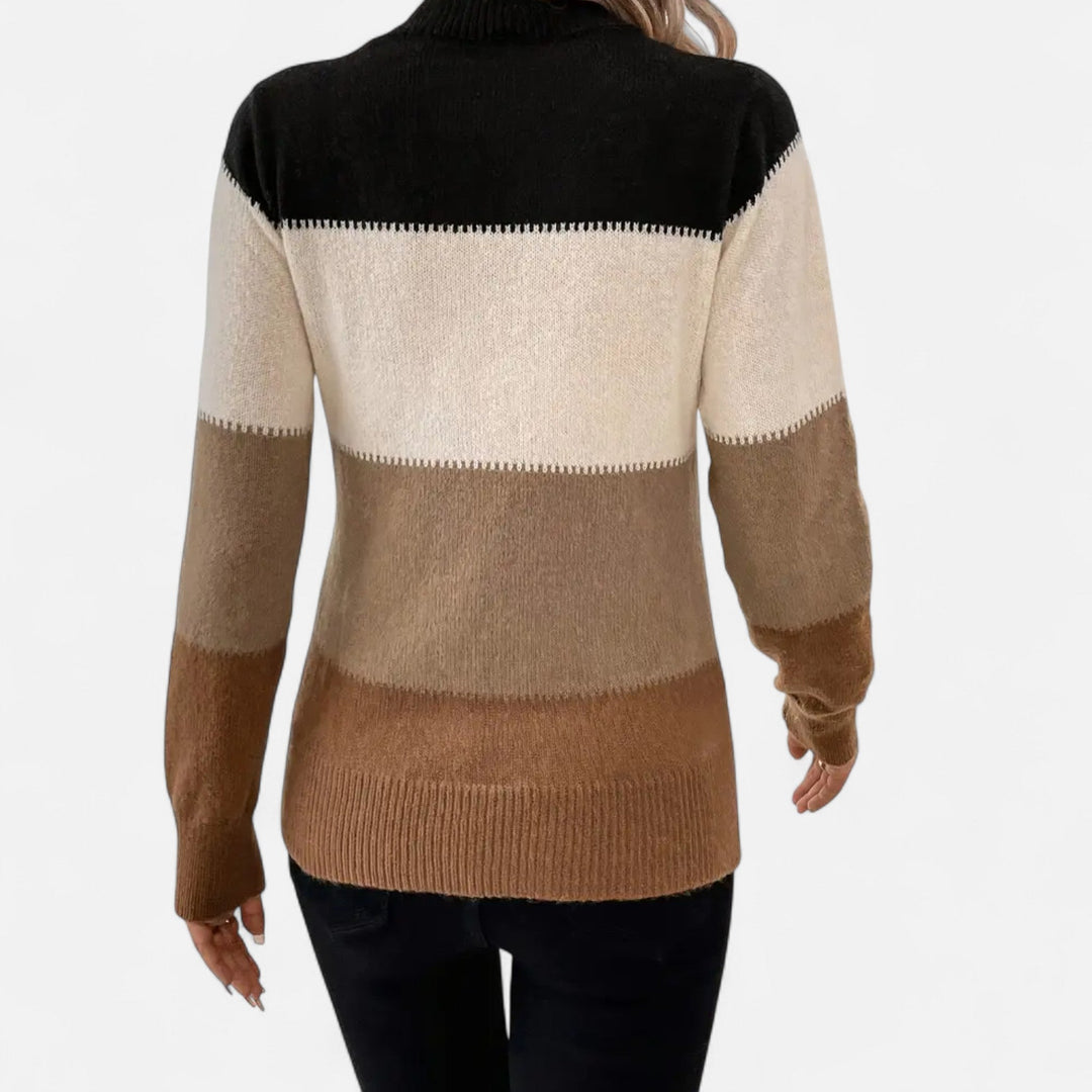 Women's Colorblock Knit Sweater Mock Neck Long-Sleeve Fitted Whipstitch Pullover