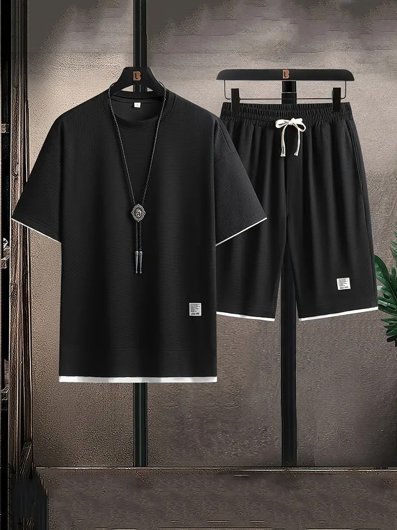 Men's Waffle Knit Set Short-Sleeve Tee Drawstring Shorts Two-Piece