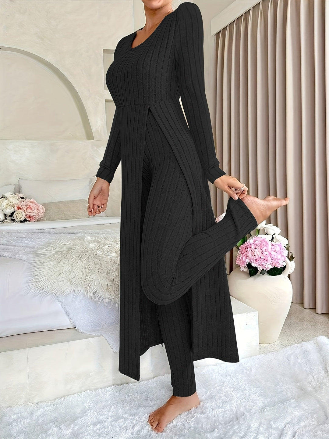 Women's Ribbed Two-Piece Lounge Set Longline Split-Hem Long-Sleeve Pants Cozy