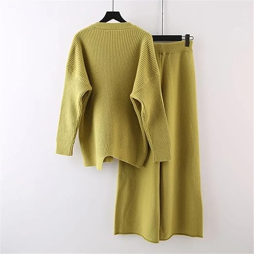 Women's Cable Knit Sweater Wide-Leg Pants Two-Piece Set Green