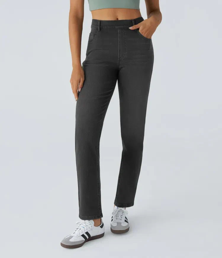 Women's Pull-On Straight Leg Jeans High Waist Elastic Stretch Denim Comfort