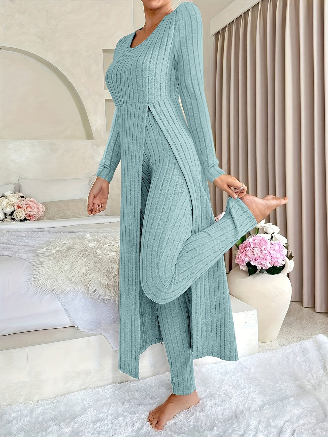 Women's Ribbed Two-Piece Lounge Set Longline Split-Hem Long-Sleeve Pants Cozy
