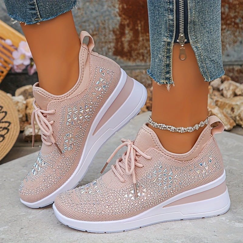 Women's Rhinestone Knit Wedge Sneakers Lace-Up Cushioned Comfort Walking