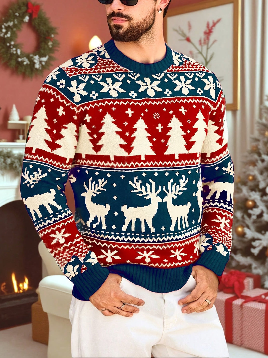 Men's Festive Christmas Sweater Reindeer Fair Isle Crewneck Holiday