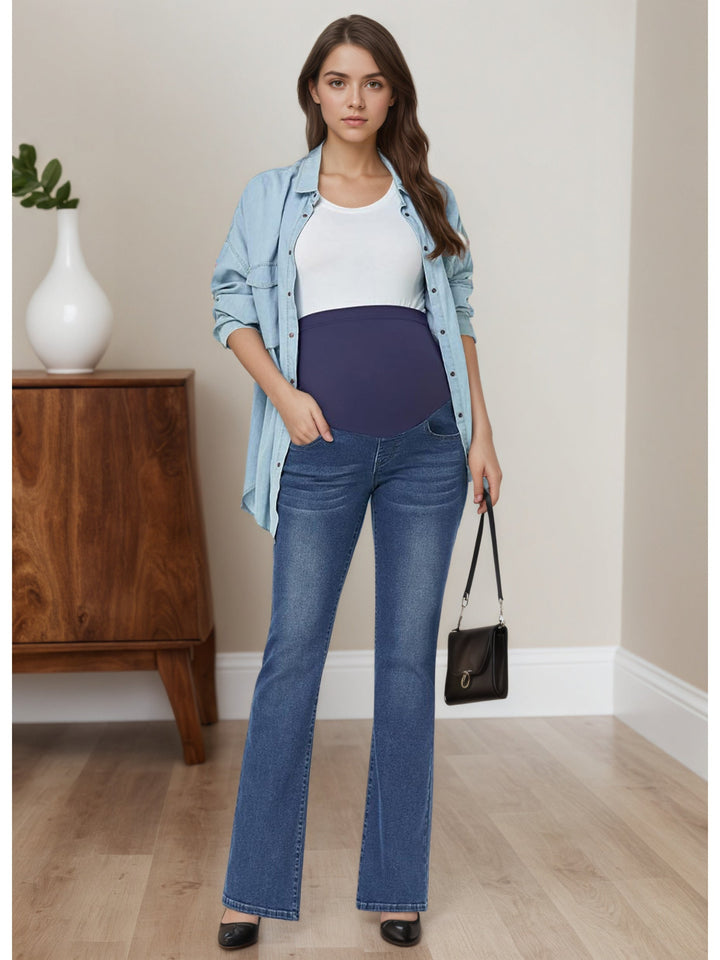 Women's Denim Maternity Jeans Belly Panel Flare Leg Bootcut Stretch Casual