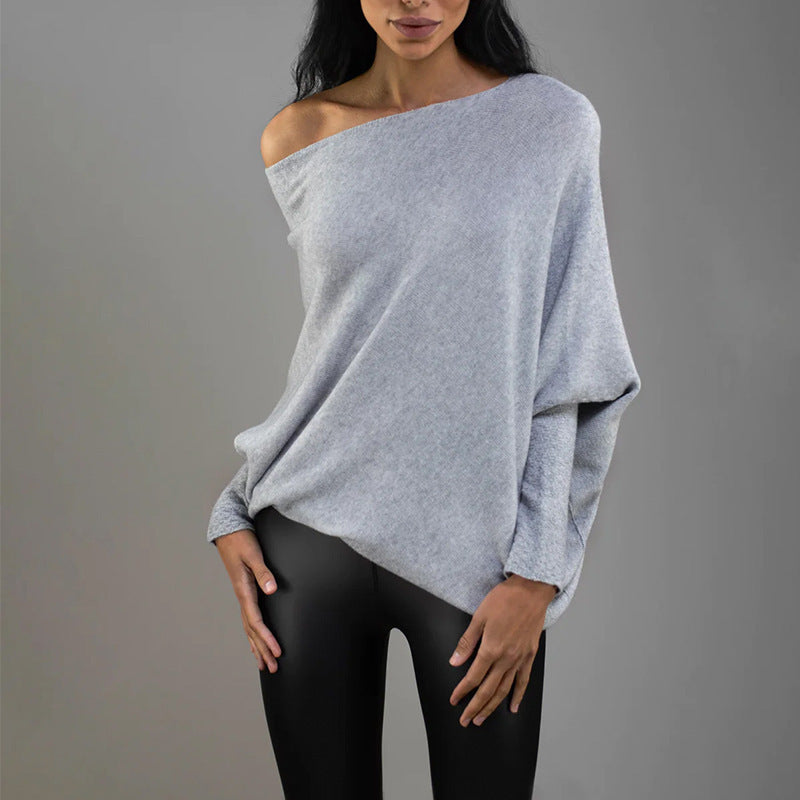 Women's Off-Shoulder Knit Sweater Carmen Neckline Batwing Sleeve Oversized