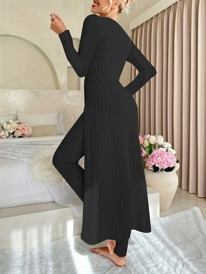 Women's Ribbed Two-Piece Lounge Set Longline Split-Hem Long-Sleeve Pants Cozy