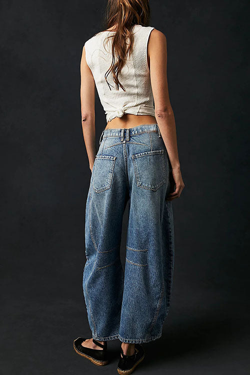Women's Barrel Leg Jeans Mid Rise Washed Curved Cocoon Relaxed
