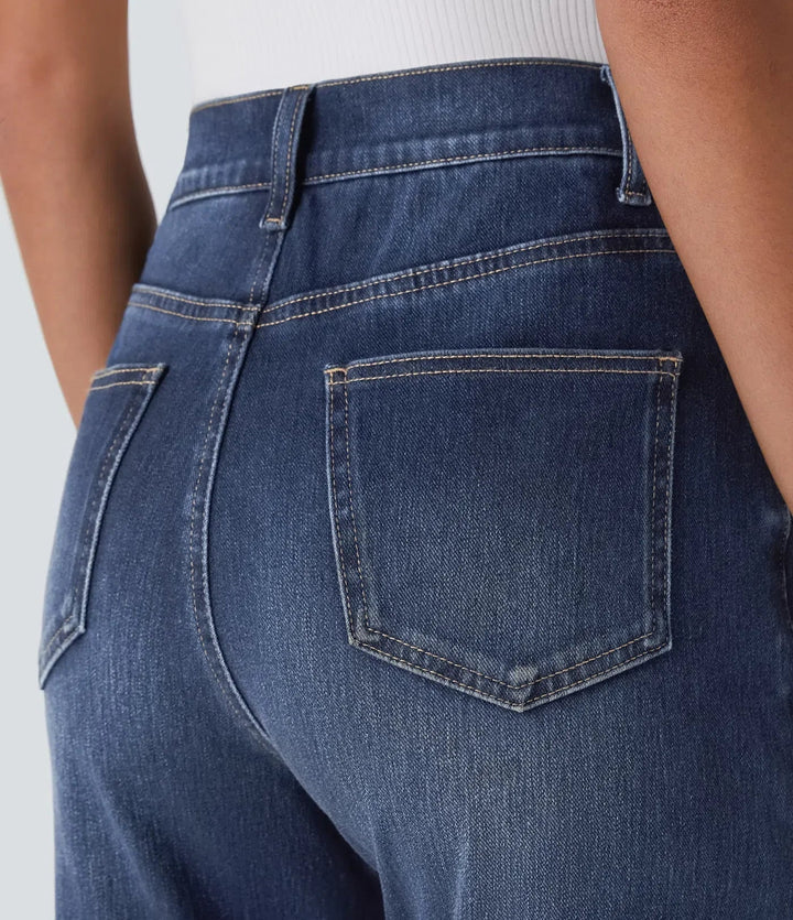 Women's Pull-On Straight Leg Jeans High Waist Elastic Stretch Denim Comfort