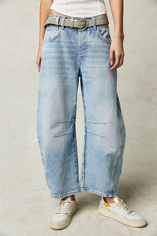 Women's Barrel Leg Jeans Mid Rise Washed Curved Cocoon Relaxed