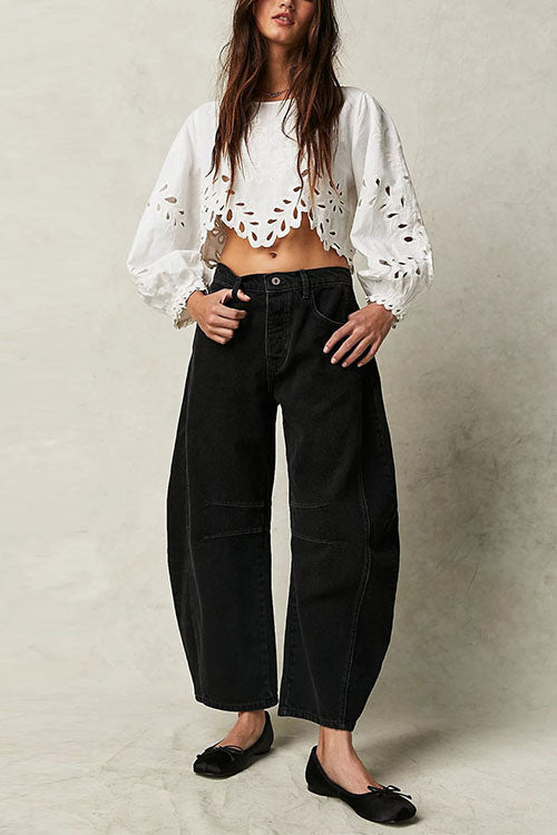 Women's Barrel Leg Jeans Mid Rise Washed Curved Cocoon Relaxed
