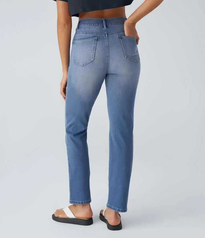 Women's Pull-On Straight Leg Jeans High Waist Elastic Stretch Denim Comfort