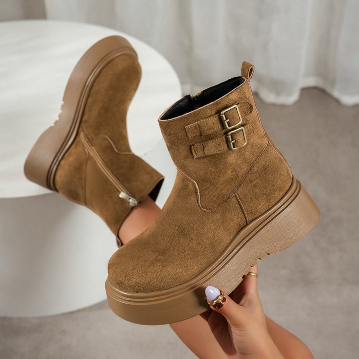 Women's Suede Ankle Boots Double Buckle Side-Zip Platform Lug-Sole Round-Toe