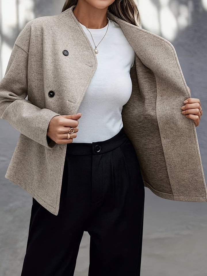 Women's Apricot Wool Pea Coat Stand Collar Double-Breasted Oversized Winter