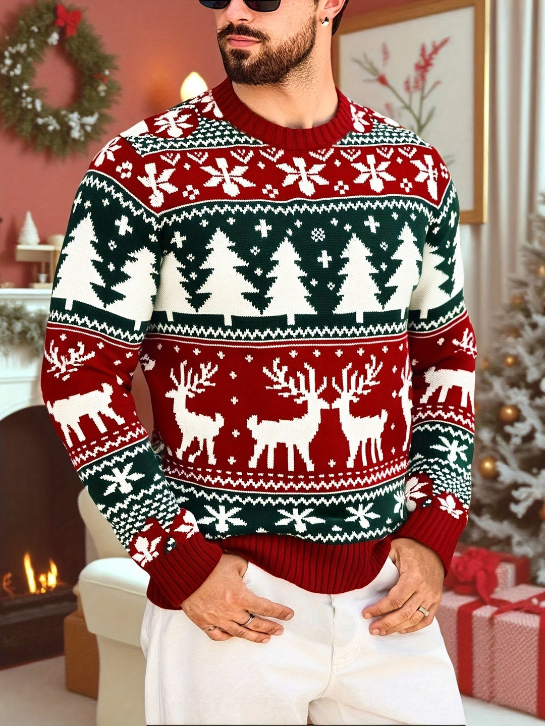 Men's Festive Christmas Sweater Reindeer Fair Isle Crewneck Holiday