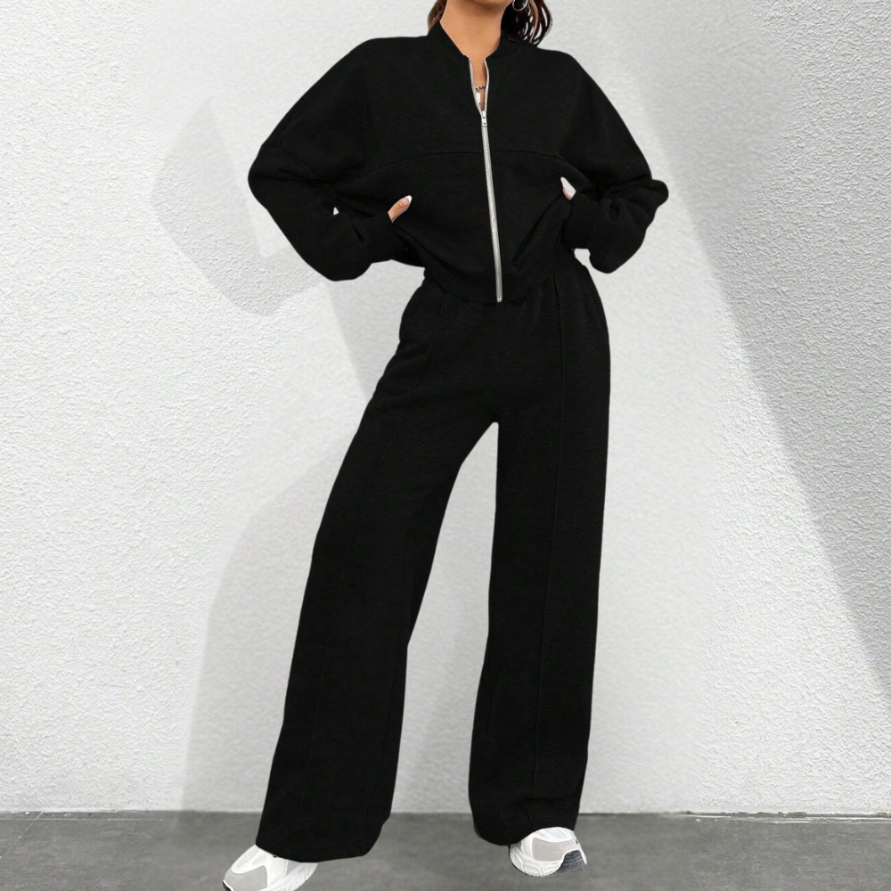 Women's Cropped Zip Sweatshirt Wide-Leg Trousers Two-Piece Lounge Set