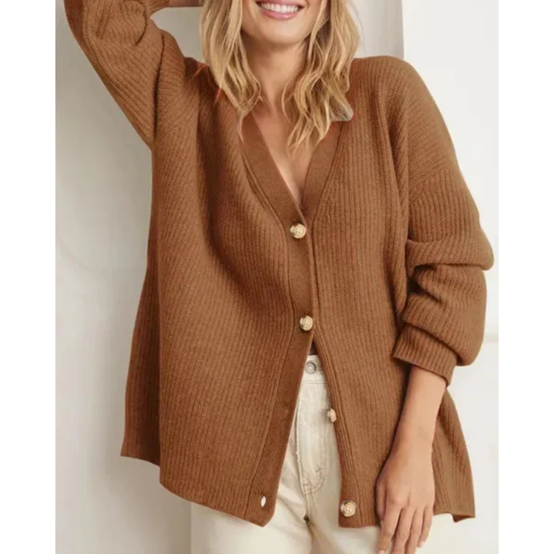 Women's Fine Ribbed Knit Cardigan V-Neck Button-Front Relaxed Longline