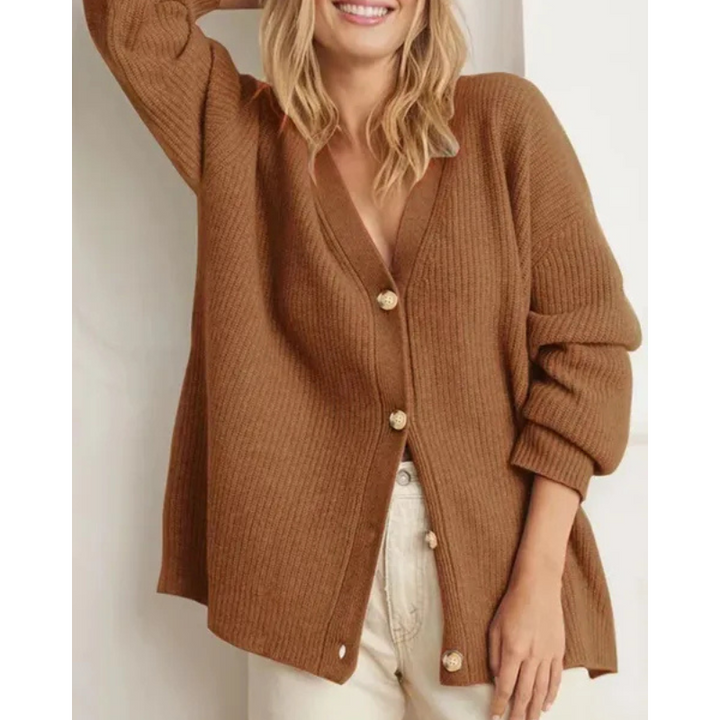 Women's Fine Ribbed Knit Cardigan V-Neck Button-Front Relaxed Longline