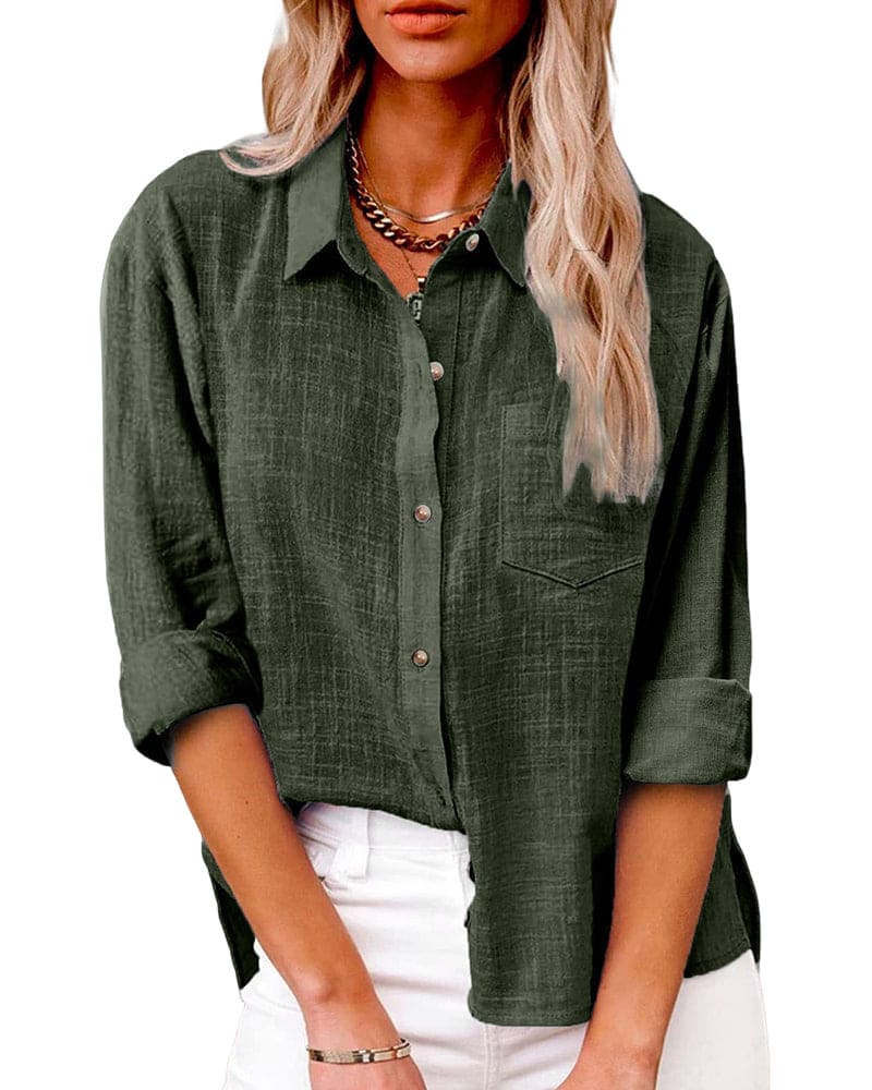 Women's Linen Button-Up Shirt Collared Long-Sleeve Chest-Pocket Relaxed