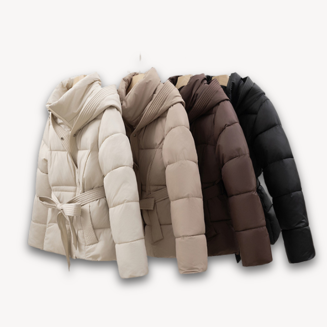 Women's Belted Hooded Puffer Jacket Full-Zip Quilted Fitted-Waist Warm