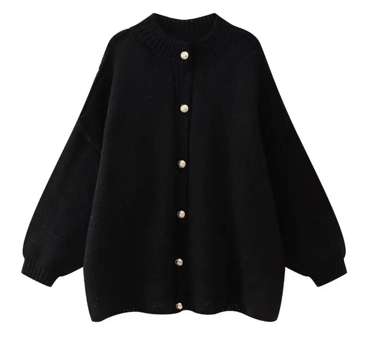 Women's Oversized Chunky Knit Cardigan Button-Front High-Neck Balloon-Sleeve