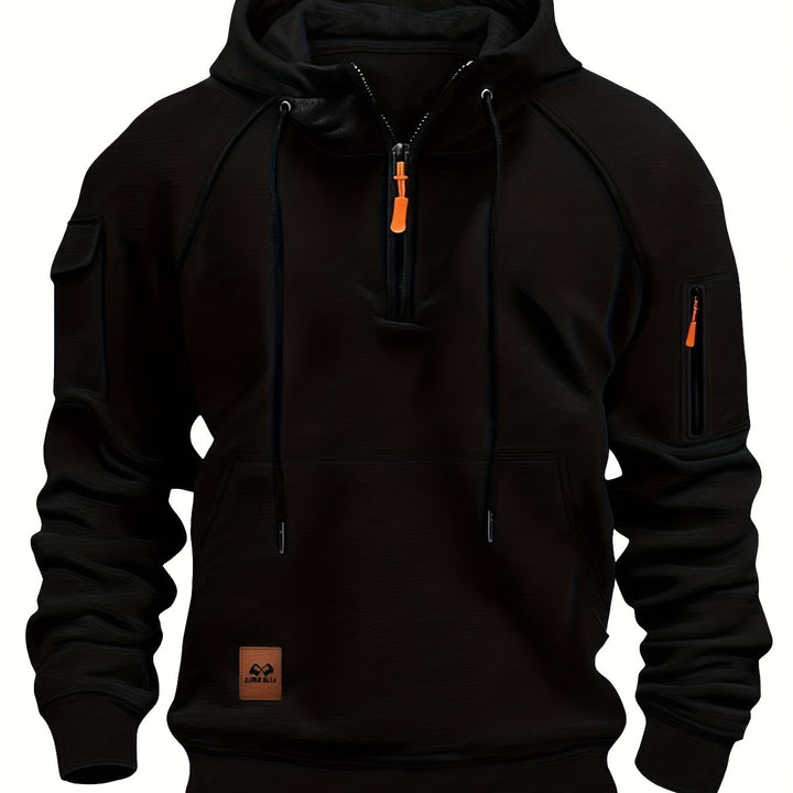 Men's Utility Quarter-Zip Hoodie Drawstring Sleeve Pocket Techwear Relaxed