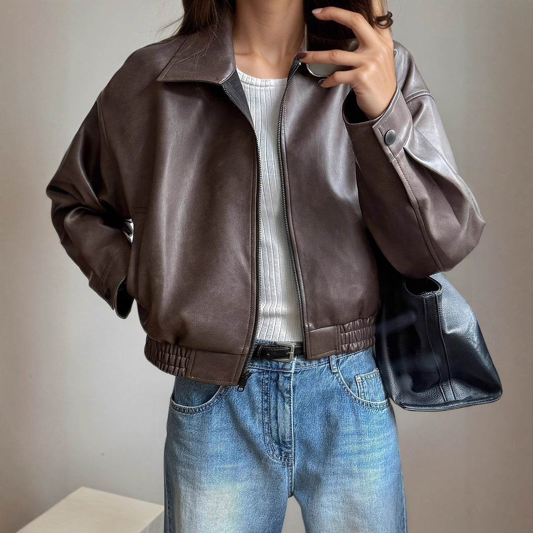 Women's Faux Leather Bomber Jacket Stand Collar Zip-Up Brown