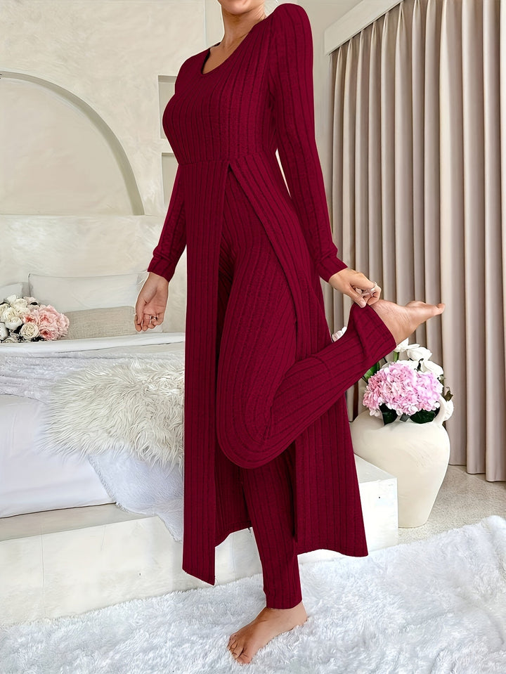 Women's Ribbed Two-Piece Lounge Set Longline Split-Hem Long-Sleeve Pants Cozy