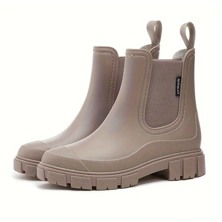 Women's Rubber Chelsea Rain Boots Platform Lug Sole Slip-On Pull Tab