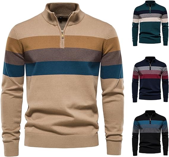 Men's Retro Colorblock Quarter-Zip Pullover Stand Collar Stripe Knit
