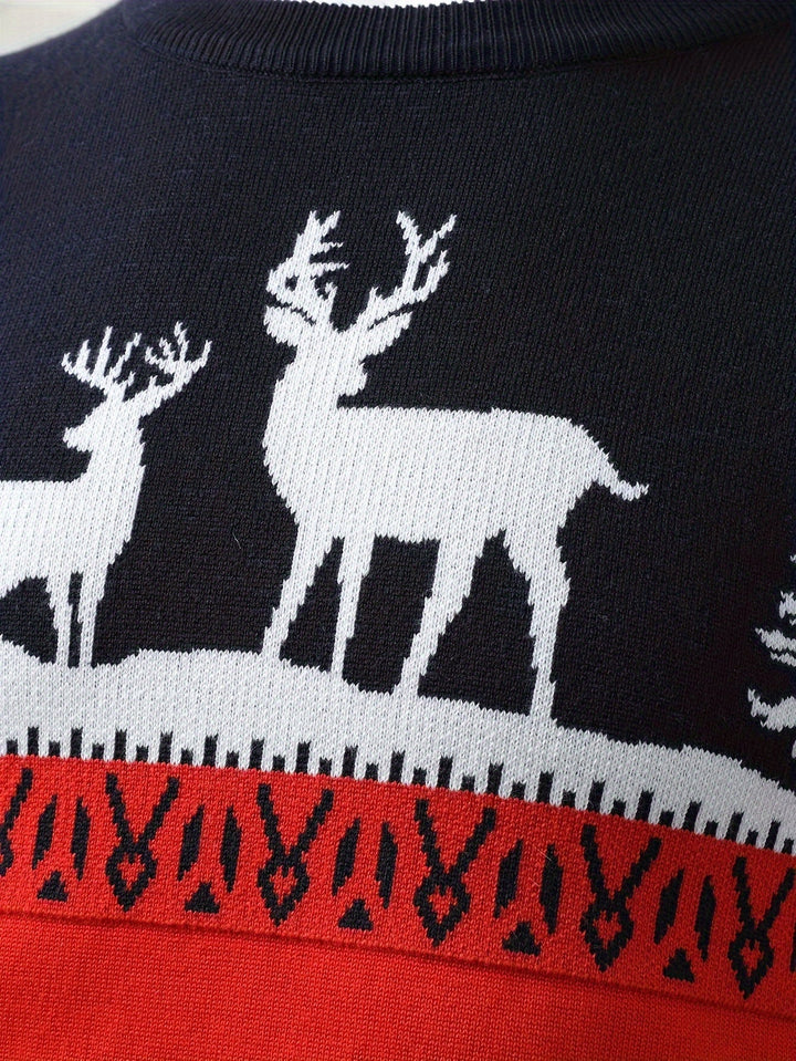 Men's Red Festive Christmas Sweater Reindeer Fair-Isle Crewneck