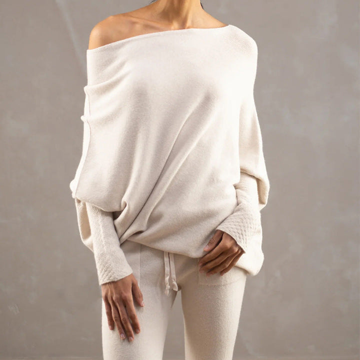 Women's Off-Shoulder Knit Sweater Carmen Neckline Batwing Sleeve Oversized