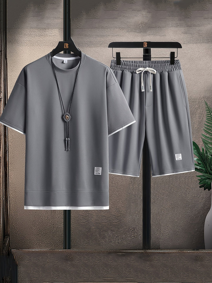 Men's Waffle Knit Set Short-Sleeve Tee Drawstring Shorts Two-Piece