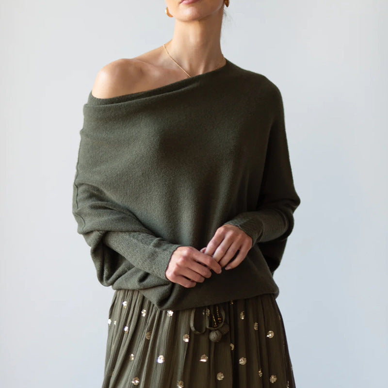 Women's Off-Shoulder Knit Sweater Carmen Neckline Batwing Sleeve Oversized