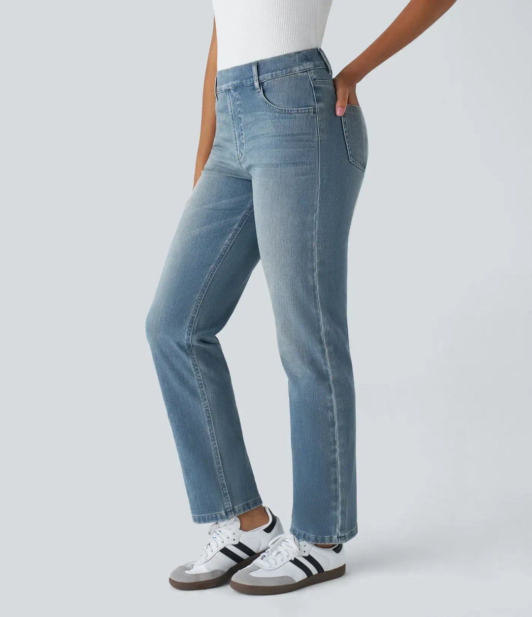Women's Pull-On Straight Leg Jeans High Waist Elastic Stretch Denim Comfort