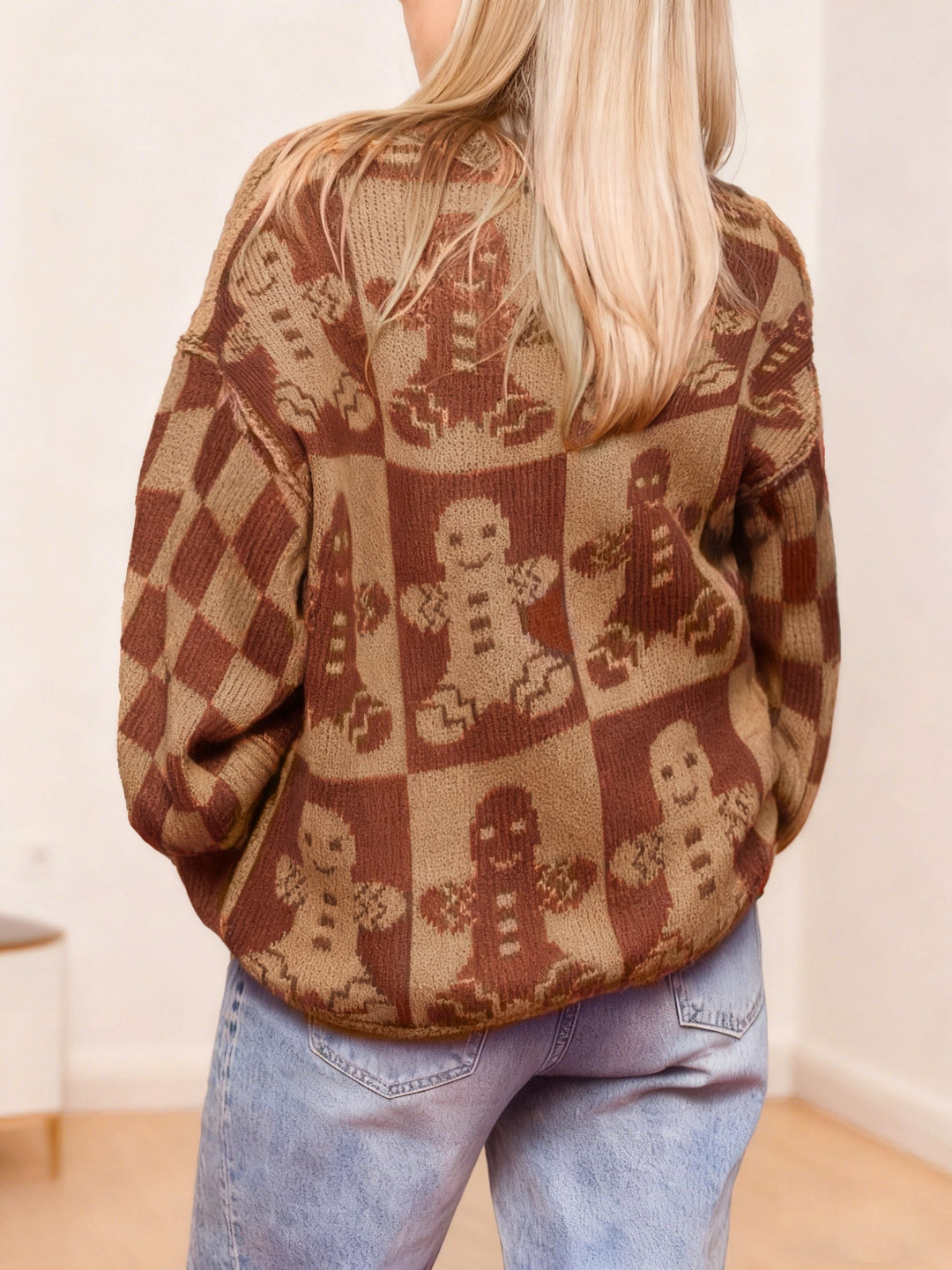 Women's Gingerbread Checkerboard Christmas Sweater Oversized Knit Balloon Pullover