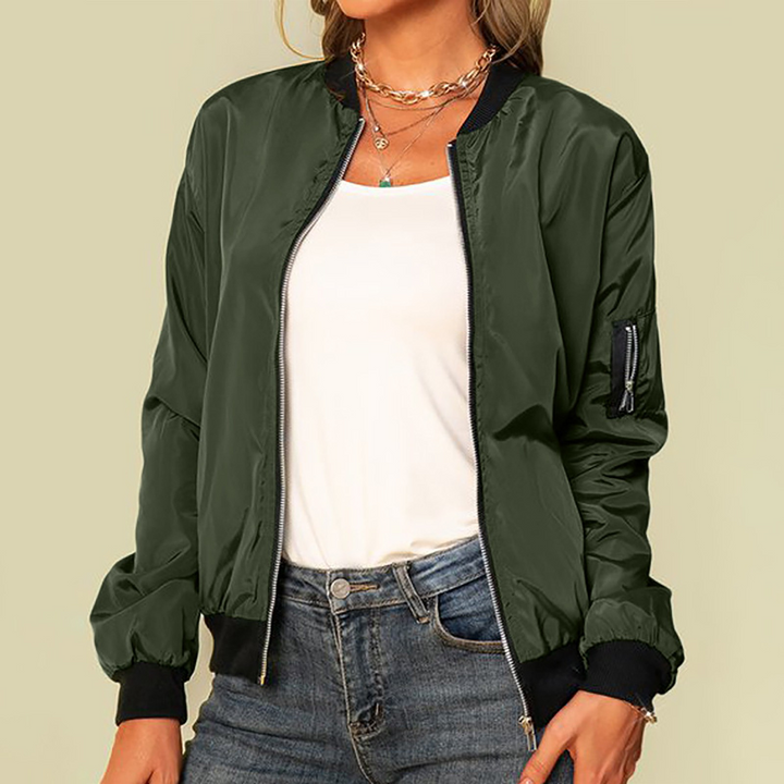 Women's Lightweight Zip-Up Bomber Jacket Ribbed Trim Sleeve Pocket Moto