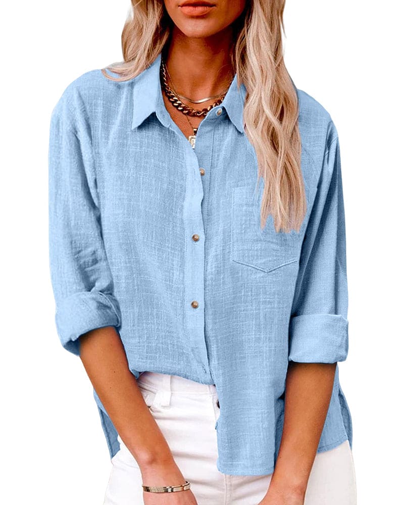 Women's Linen Button-Up Shirt Collared Long-Sleeve Chest-Pocket Relaxed