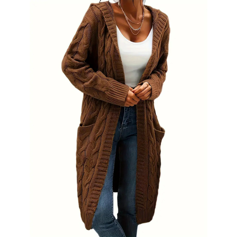 Women's Long Cable Knit Hooded Cardigan Open Front Patch-Pocket Longline