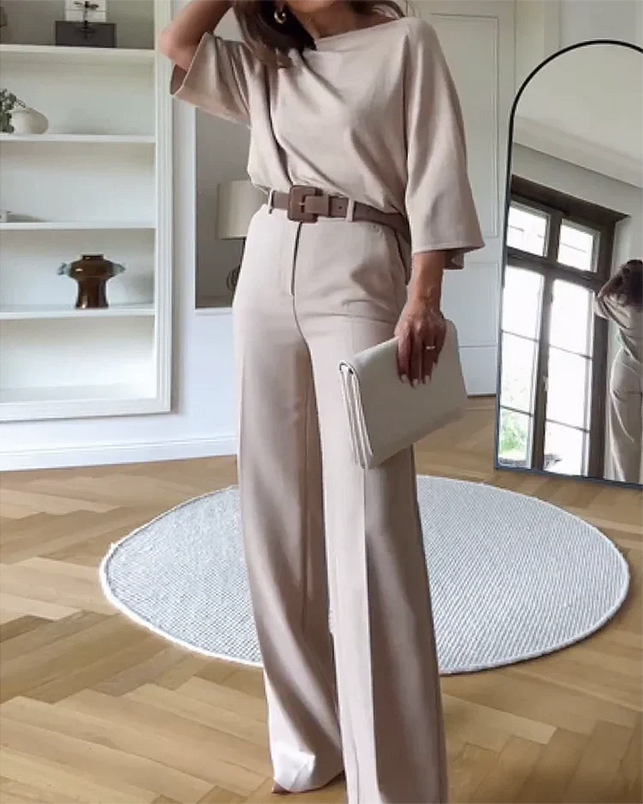 Women's Boat-Neck Top Wide-Leg Trousers Two-Piece Set Beige