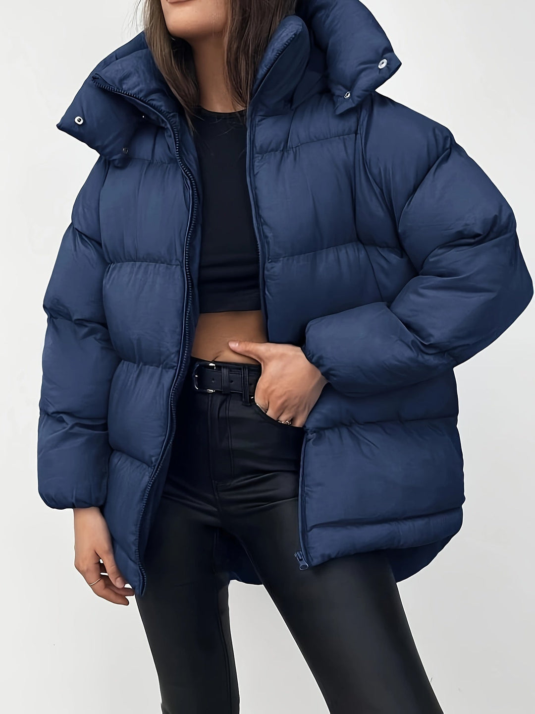 Women's Hooded Longline Oversized Puffer Jacket Zip-Up Winter Coat