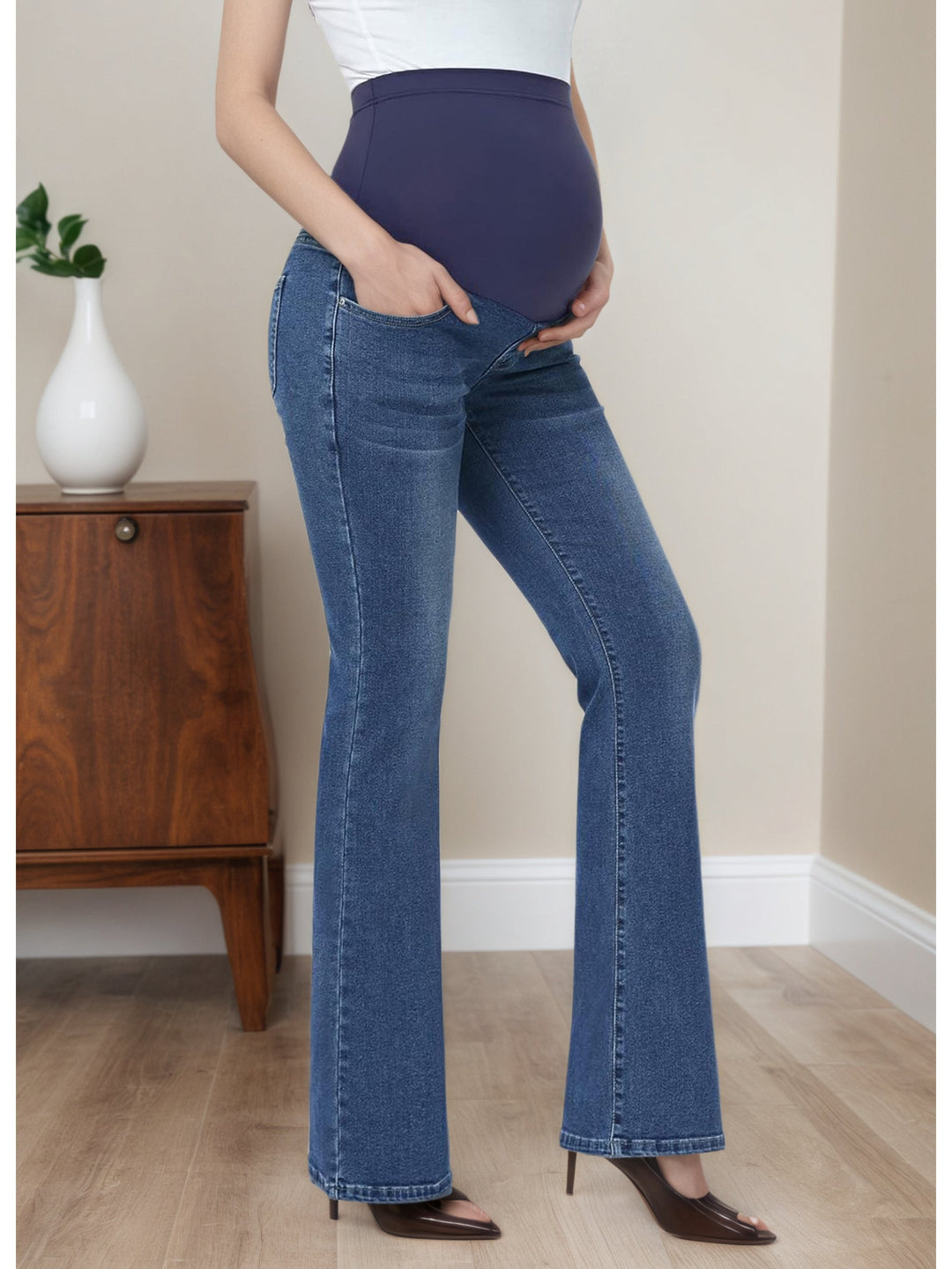 Women's Denim Maternity Jeans Belly Panel Flare Leg Bootcut Stretch Casual