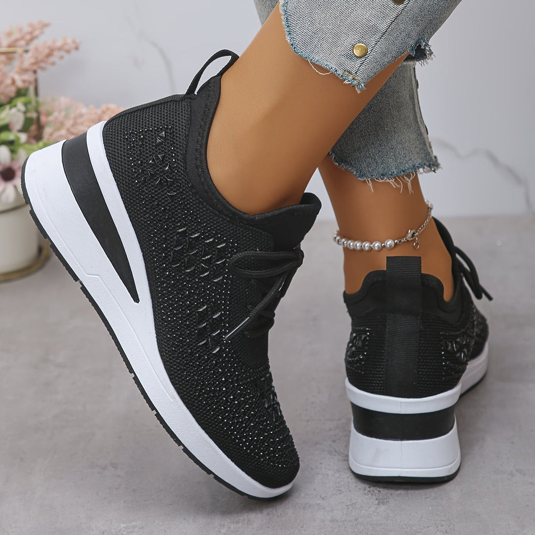 Women's Rhinestone Knit Wedge Sneakers Lace-Up Cushioned Comfort Walking
