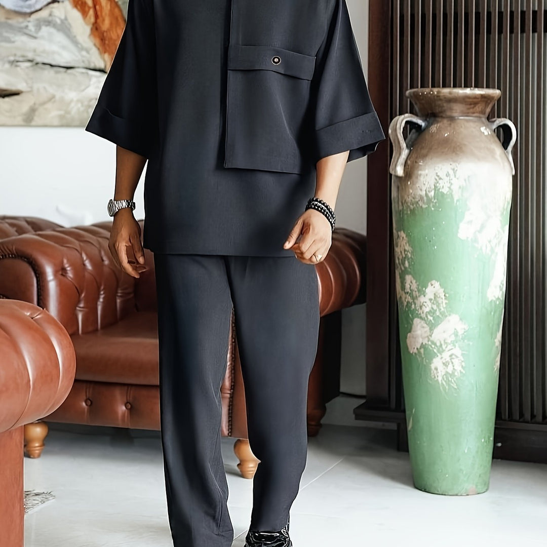 Men's Two-Piece Set Oversized Tee Chest-Pocket Straight-Trousers Relaxed