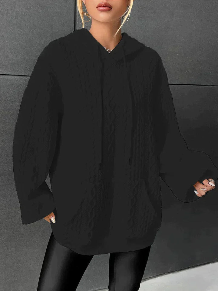 Women's Cable Textured Hoodie Drawstring Kangaroo-Pocket Oversized Longline Relaxed