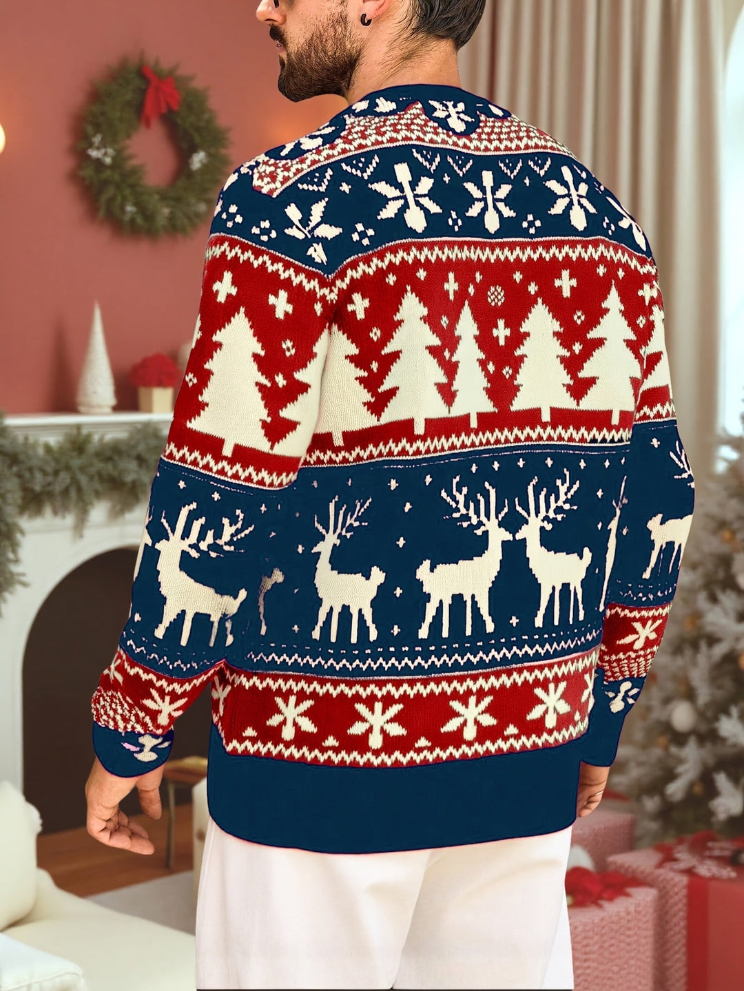 Men's Festive Christmas Sweater Reindeer Fair Isle Crewneck Holiday