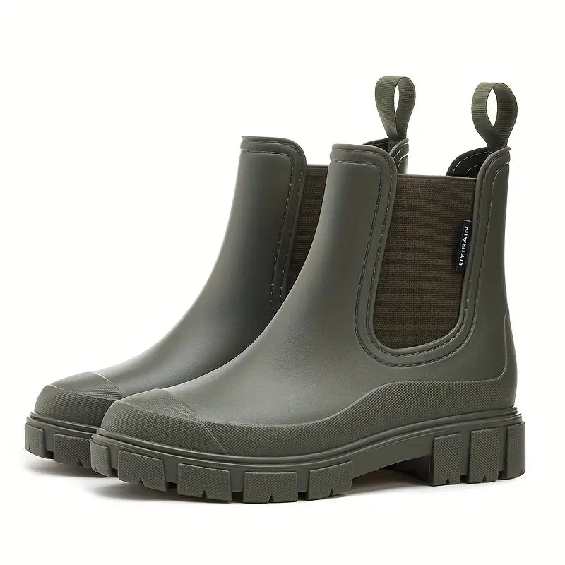Women's Rubber Chelsea Rain Boots Platform Lug Sole Slip-On Pull Tab